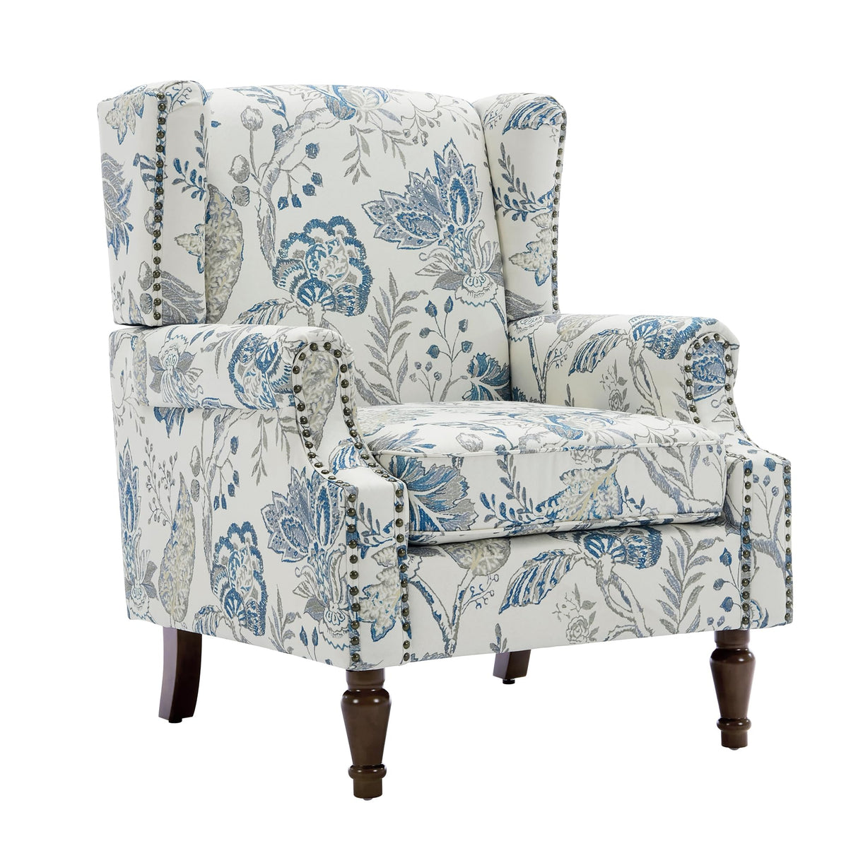 UIXE High Back Floral Accent Chairs Set of 2, Upholstered Armchair in Fabric, Retro Printed Wingback Arm Chair for Living Room, Nailhead Trim Single Sofa Bedroom Reading Seat - Plants Blue UIXE