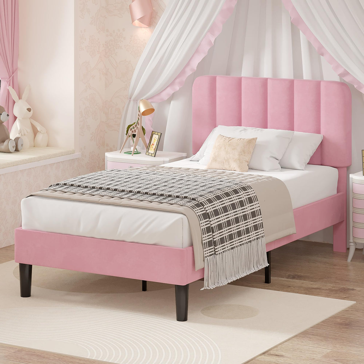 VECELO Twin Size Bed Frame with Upholstered Headboard, Velvet Platform Bedframe Mattress Foundation, Strong Wood Slat Support, No Box Spring Needed,Pink VECELO