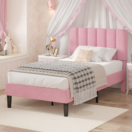 VECELO Twin Size Bed Frame with Upholstered Headboard, Velvet Platform Bedframe Mattress Foundation, Strong Wood Slat Support, No Box Spring Needed,Pink VECELO