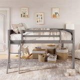 Merax Grey Low Loft Bed with Convertible Ladder and Full Guardrail, No Box Spring Needed Merax