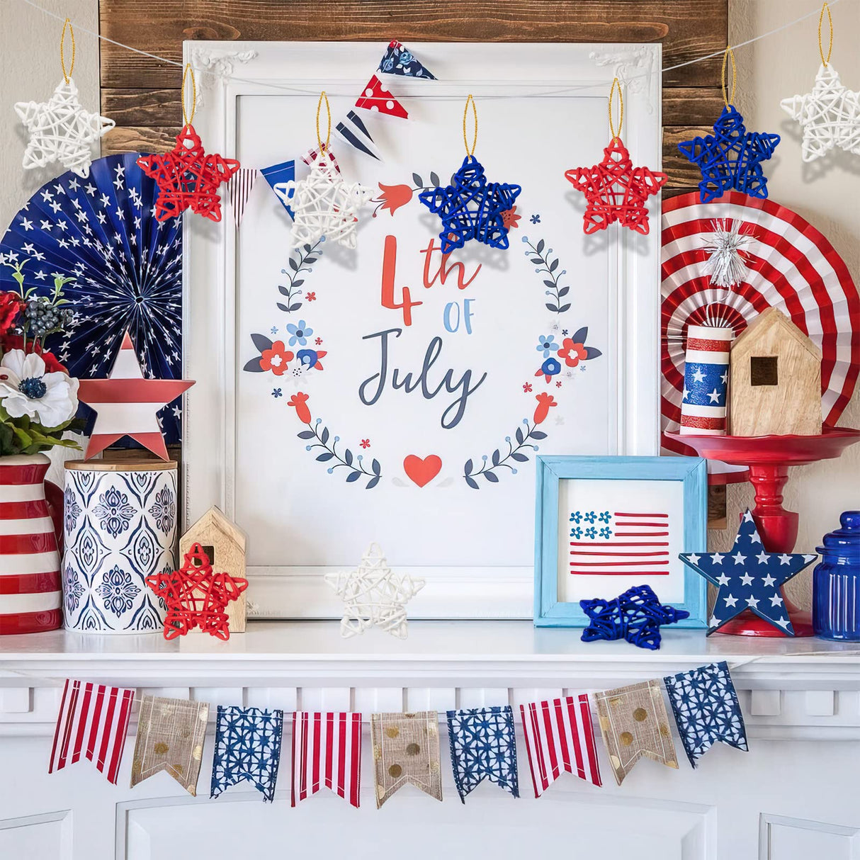 18pcs 4th of July Star Rattan Decoration, Red Blue White Stars for 4th of July Independence Day Home Decor DIY Craft Vase Bowl Filler Table Decoration GuassLee