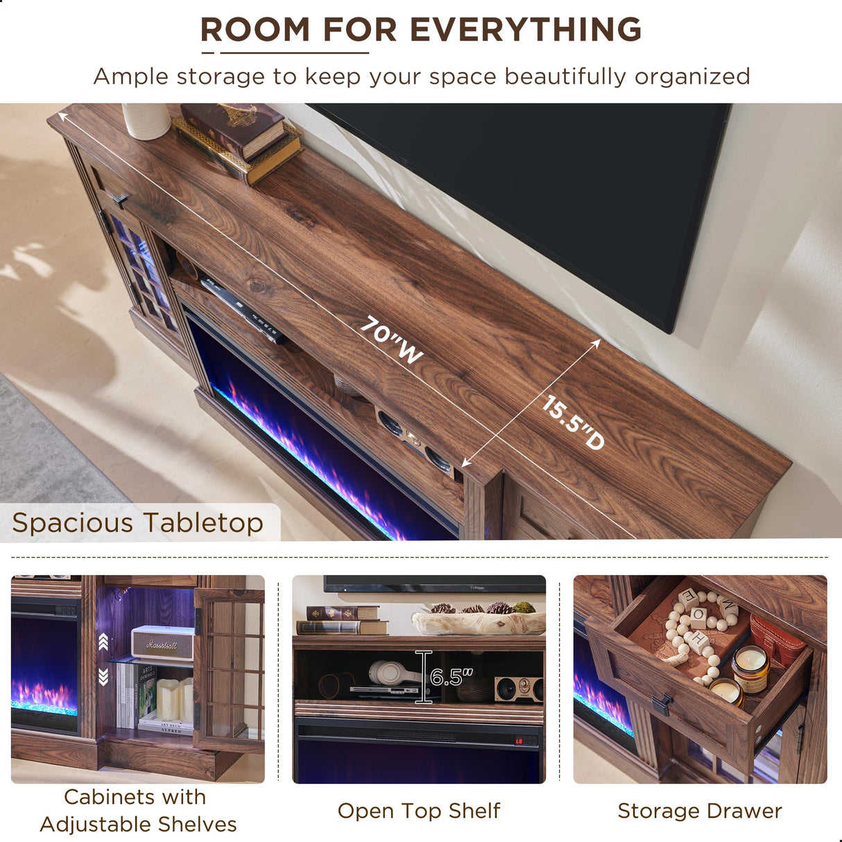 JXQTLINGMU Fireplace TV Stand for 80 Inch TV, Farmhouse Highboy Entertainment Center w/LED Lights & 36" Electric Fireplace, Large Media Console w/Glass Door Cabinet & Storage Drawer, Brown JXQTLINGMU