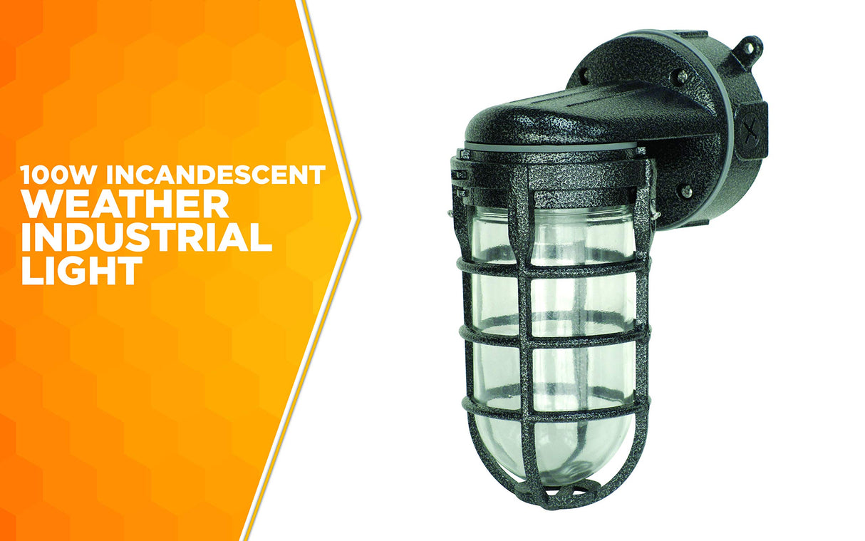 Woods L1707SVBLK Wall Mount Light in Hammered Black Finish Sturdy Die Cast Aluminum Cage; 100 Watt Incandescent; Industrial Design; Suitable for Indoor and Outdoor Use Woods