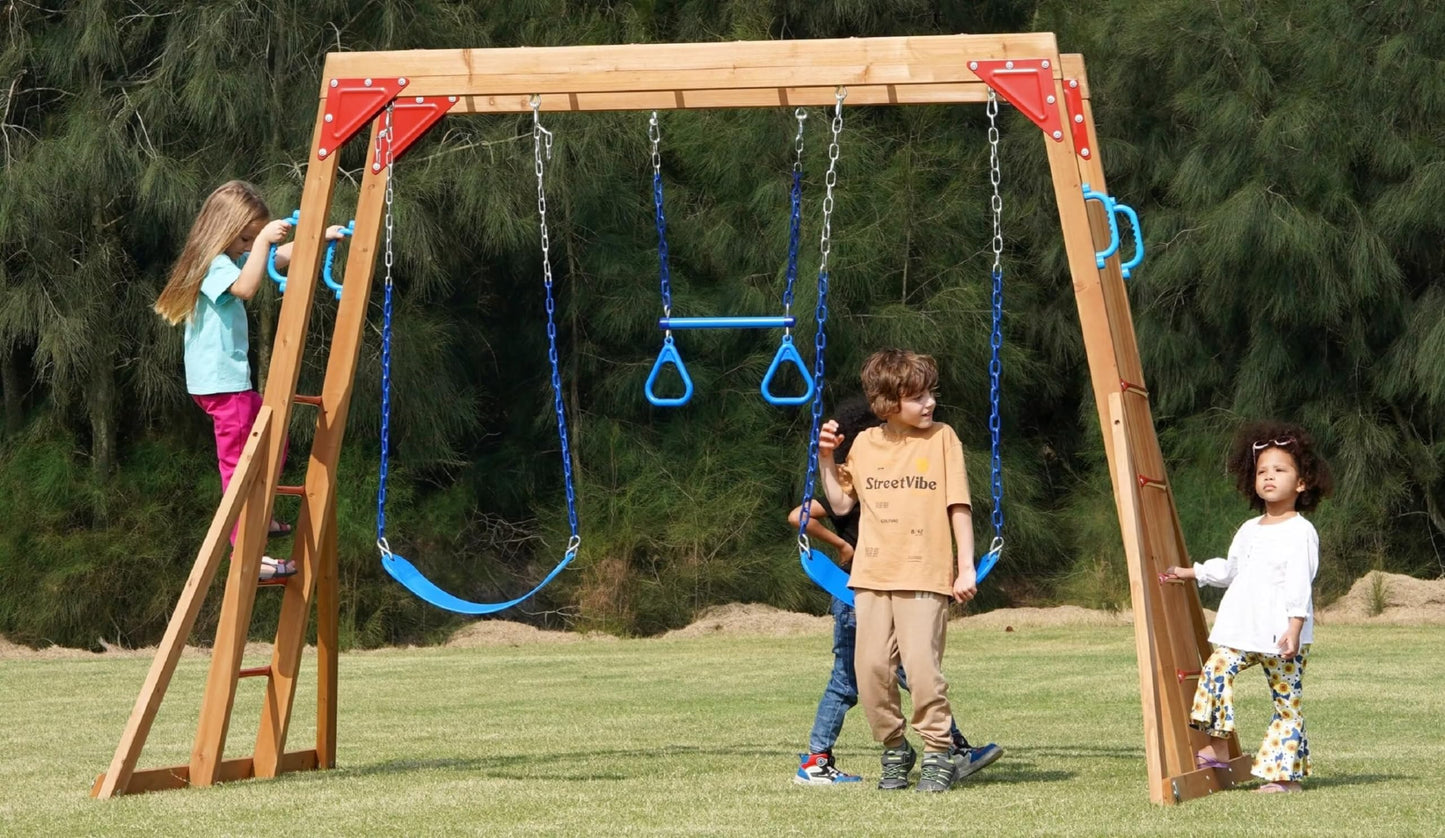 Dolphin Playground Wooden Swing Sets for Backyard with Monkey Bar, Outdoor Playset for Kids with Trapeze Swing Bar and 2 Belt Swings, Kids Outdoor Play Equipment, Heavy Duty Playground Accessories