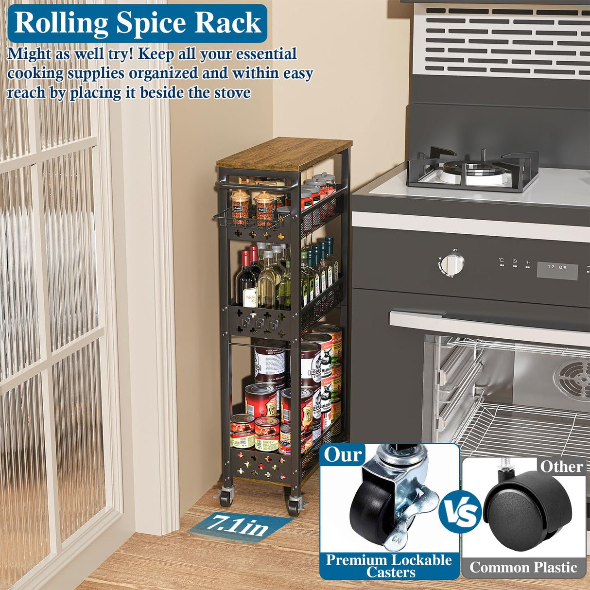 OKZEST Rolling Slim Storage Cart, 4-Tier Narrow Bathroom Organizers and Storage Cart, Metal Narrow Kitchen Laundry Room Organization Shelf with Wood Top, Slim Utility Cart with Wheels for Small Space OKZEST