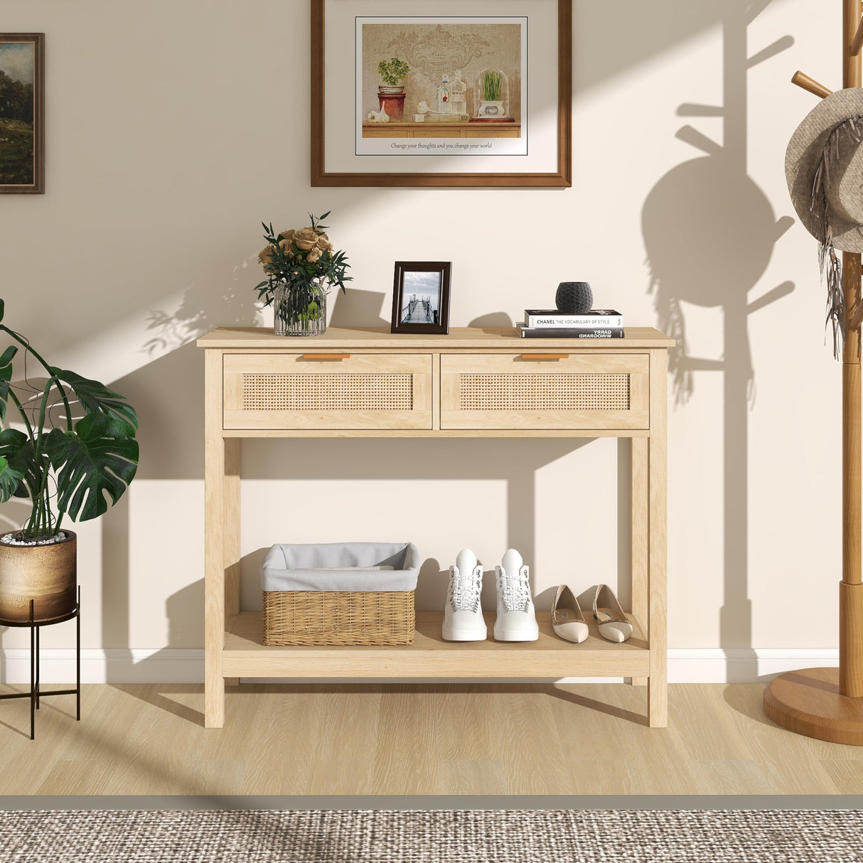 Trironsun Farmhouse Rattan Console Table with 2 Drawers 2 Tier Boho Narrow Long Sofa Table Natural with Open Storage Shelf Wood Entryway Table for Living Room Hallway Foyer (Nature, 39.4 Inch) Trironsun