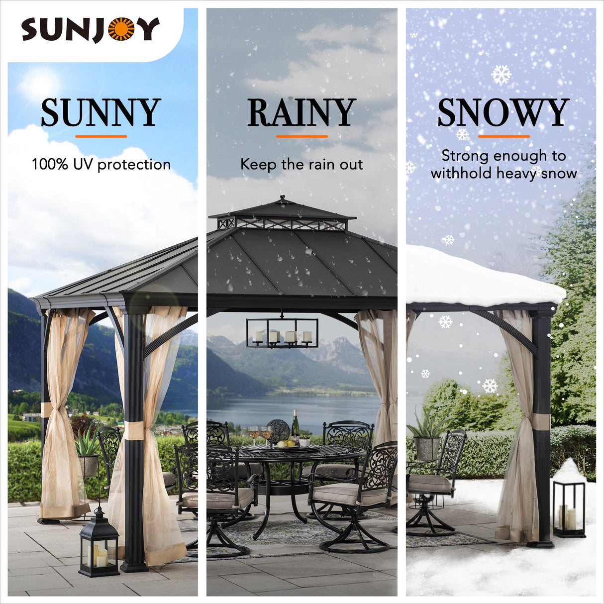Sunjoy Hardtop Gazebo 11 x 13 ft. Outdoor Patio Black Anti-Rust Aluminum Frame Gazebo, Double Tiered Gazebo with Ceiling Hook and Mesh Netting, Black Sunjoy
