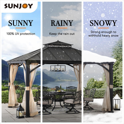 Sunjoy Hardtop Gazebo 11 x 13 ft. Outdoor Patio Black Anti-Rust Aluminum Frame Gazebo, Double Tiered Gazebo with Ceiling Hook and Mesh Netting, Black - WoodArtSupply