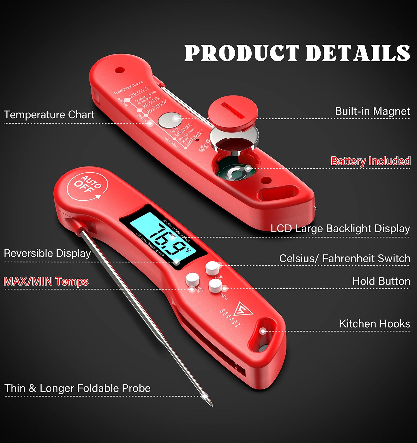 DOQAUS Digital Meat Thermometer, Instant Read Food Thermometers for Cooking, Kitchen Probe with Backlit & Reversible Display, Wide Temperature Range for Turkey, Grill, BBQ, Baking, Bread, Sourdough