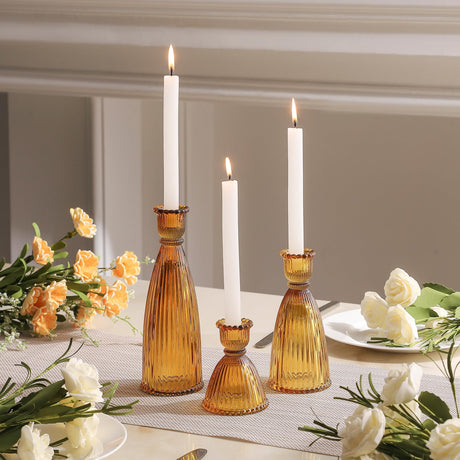 Joyfice Vertical Stripe Candlestick Holders Set of 3, Premium Glass Candle Holders for Candlesticks and Taper Candles, Vintage Candle Holder Decor for Table Centerpiece, Amber Joyfice