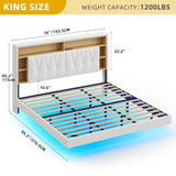DWVO King Size Floating Bed Frame with RGB LED Lights, Bookcase Storage Headboard Beds with Charging Station, Upholstered Platform with Heavy Duty Wood Slat, No Box Spring Needed, Beige DWVO