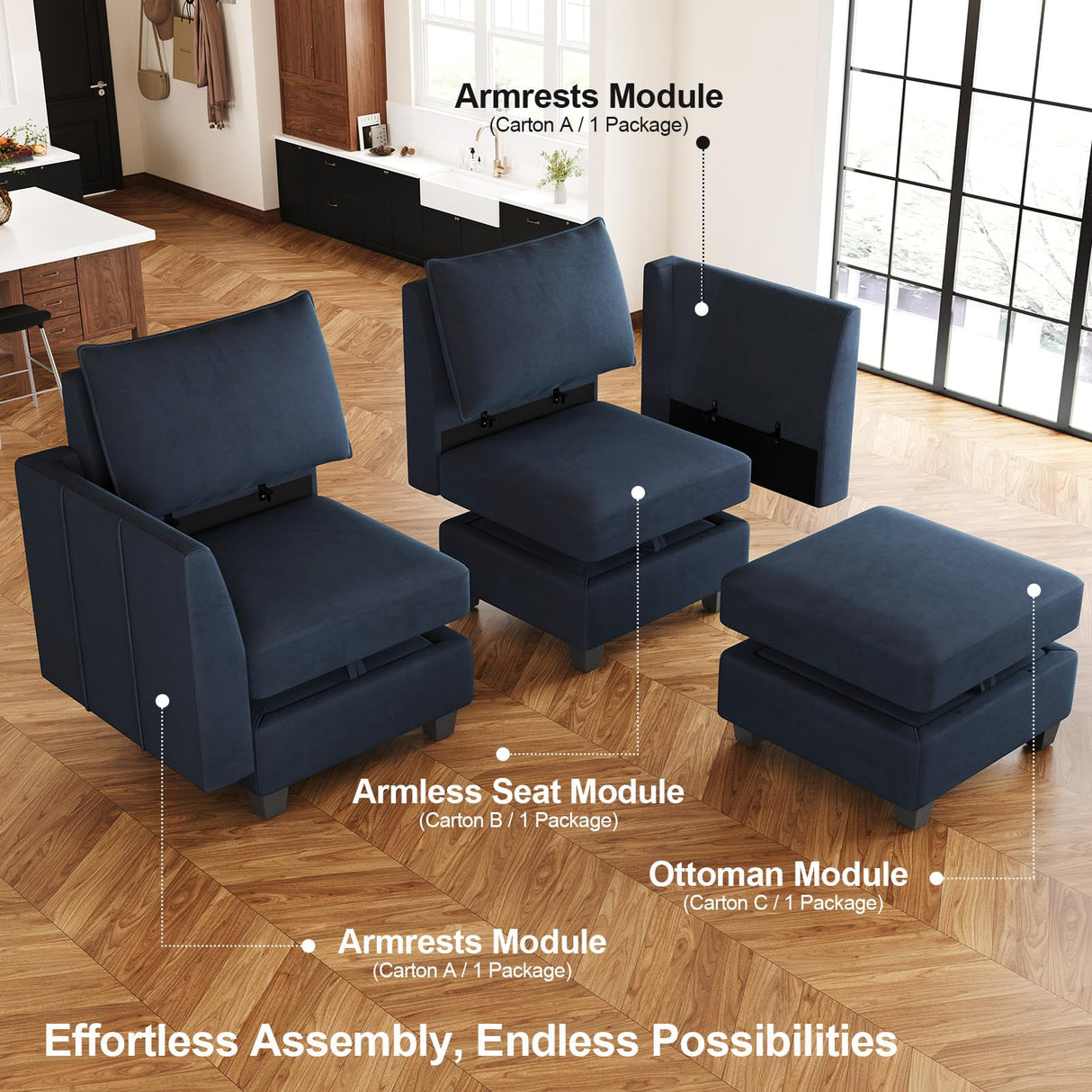 Belffin Large Modular Sectional Sofa Sleeper Sectional Couch with Storage Velvet Sectional Sofa Bed for Living Room, 9 Seats, Blue Belffin