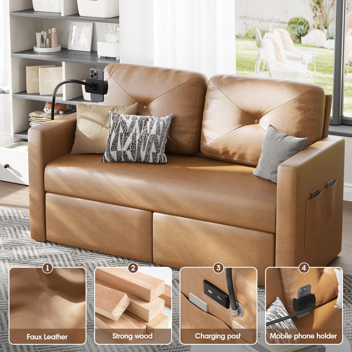Maupvit Brown Leather Couch with Storage, Modern Comfy Loveseat Sofa with Charging Ports, Side Pockets, Solid Wooden Frame for Office, Living Room and Bedroom, 2 Seater Maupvit