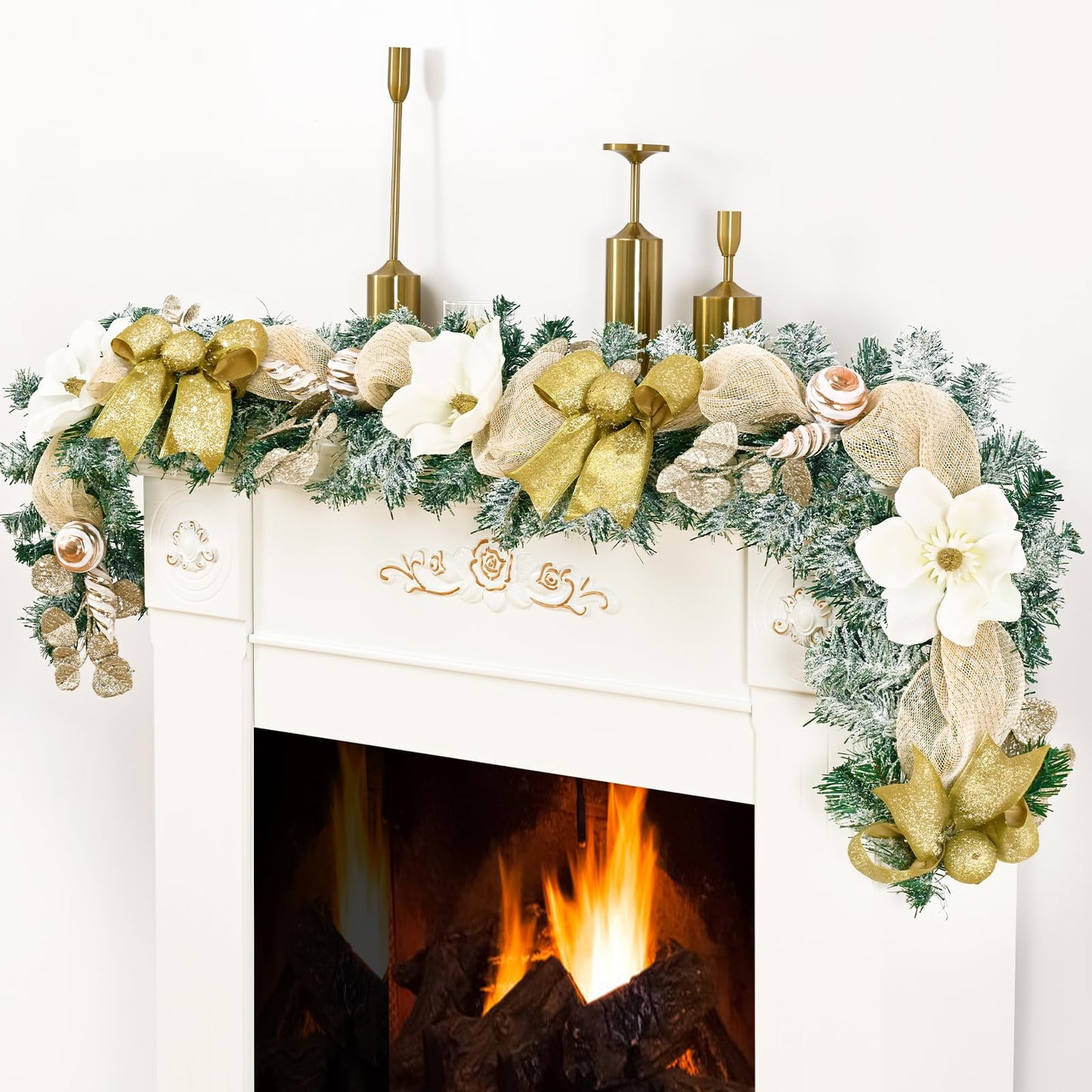 Christmas Garland Decorations, 5.9 FT Luxury Christmas Garland for Mantle, Christmas Flocked Garland with Gold Bows Ribbons Magnolia for Front Door Fireplace Table Home Decor