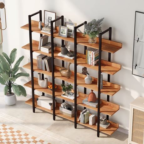 Leavader 5-Tiers Bookshelf - 70 x 12 x 70 in, Classic Industrial Wooden Bookcase with Metal Frame, Tall and Wide Open Bookshelves Storage Rack Display Rack for Home Office (Brown Board + Black Frame) Leavader