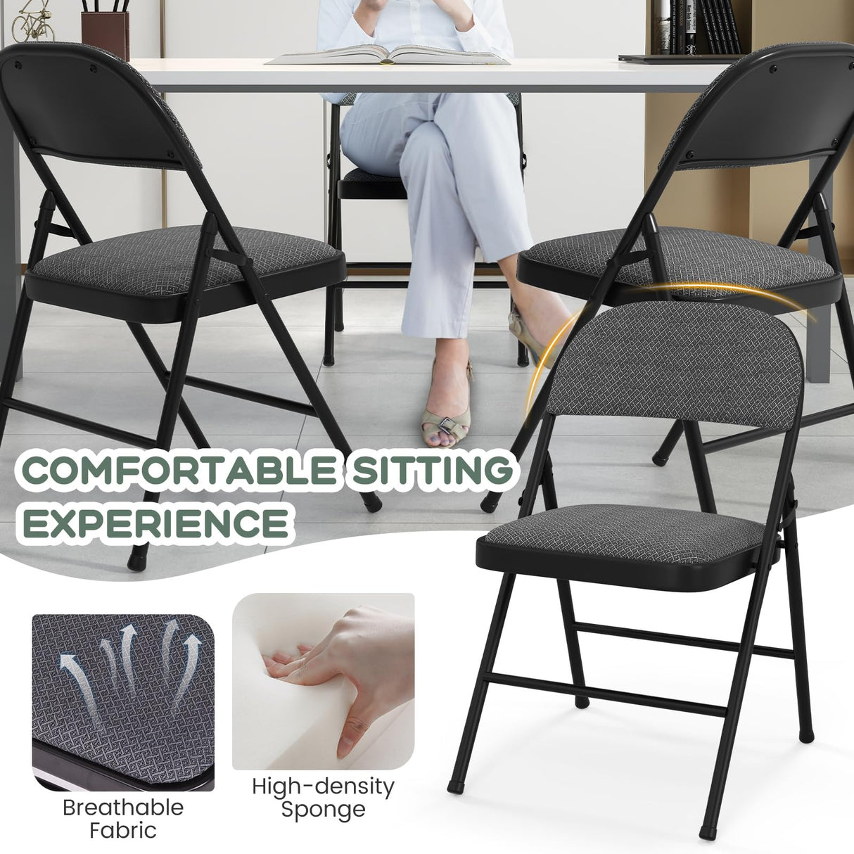 HAPPYGRILL 4 Pack Folding Chairs, Fabric Commercial Chairs w/Padded Seat & Back, Metal Frame, Portable & Foldable Dining Chairs for Office Party Guest Room Conference Room Event HAPPYGRILL