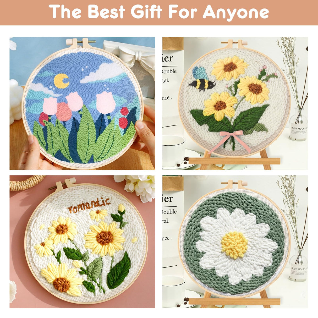 MSDADA 21PC Punch Needle Embroidery Kit - Adjustable Tool, Wooden Handle Pen, Hoops, Cloth, Big Eye Needles, Threaders (Pink) MSDADA