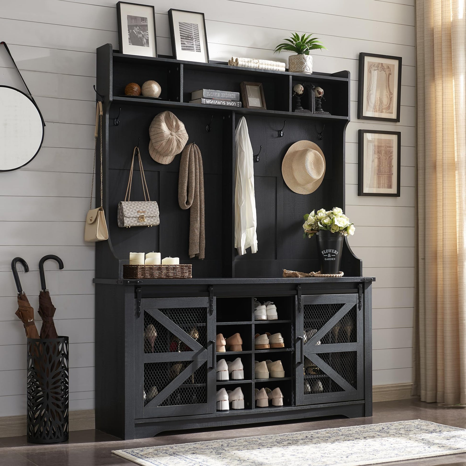 JXQTLINGMU Farmhouse Entryway Hutch with Coat Rack, 20 Shoe Cubbies & 12 Coat Hooks Wide Hall Tree with Shoe Storage Bench, Mudroom Storage Cabinet (Black) - WoodArtSupply