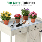 Outdoor Potting Bench with Storage Cabinet & Metal Tabletop, Garden Work Table, Wood Planting Workstation for Patio, w/Drawer HABAU