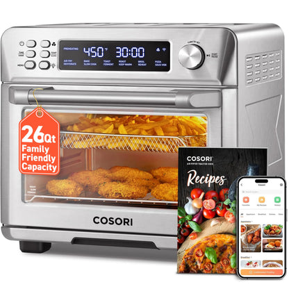 COSORI Smart 12-in-1 Air Fryer Toaster Oven Combo, Airfryer Convection Oven Countertop, Bake, Roast, Reheat, Broiler, Dehydrate, 75 Recipes & 3 Accessories, 26QT, Silver-Stainless Steel