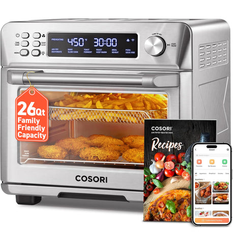 COSORI Smart 12-in-1 Air Fryer Toaster Oven Combo, Airfryer Convection Oven Countertop, Bake, Roast, Reheat, Broiler, Dehydrate, 75 Recipes & 3 Accessories, 26QT, Silver-Stainless Steel COSORI