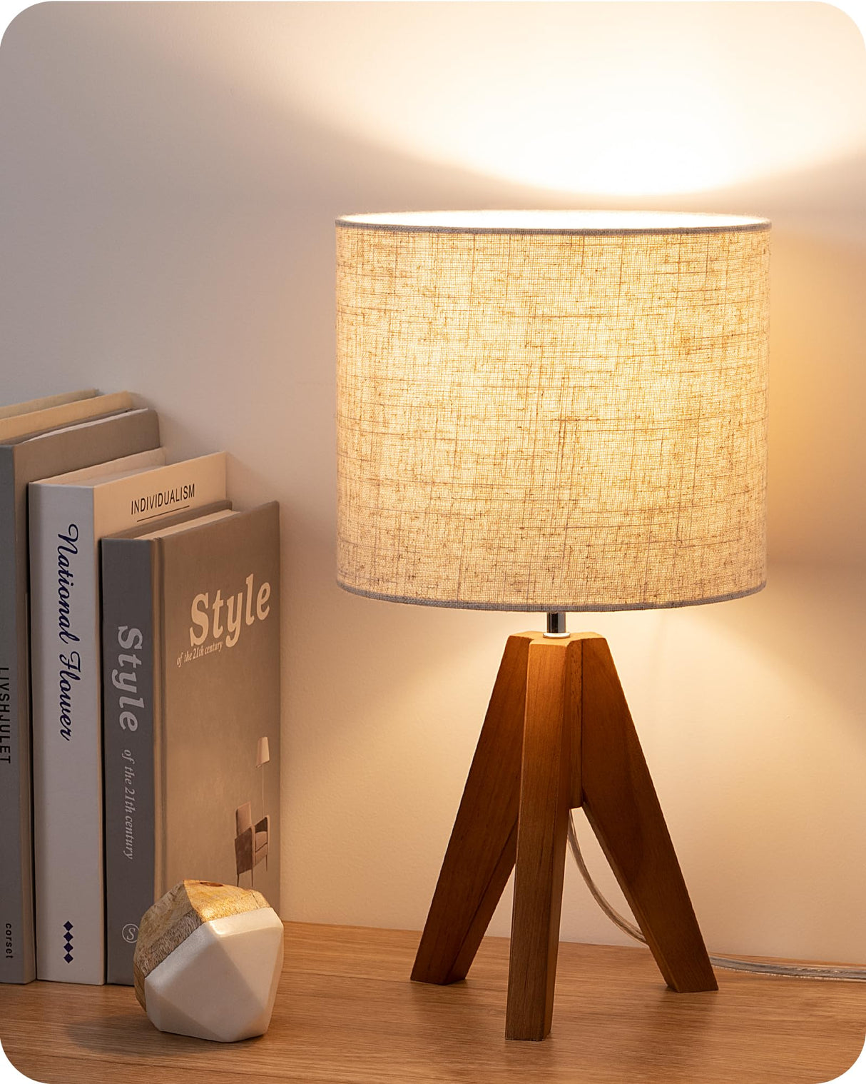 EDISHINE Tripod Table Lamp, Small Cute Bedside Lamp with Linen Beige Lampshade, Nightstand Lamp for Nursery, Bedroom, Kid Room, Living Room, Light Brown Wooden Base, E26 Socket, 14.2 Inch EDISHINE
