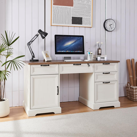 boknight 60" Farmhouse Executive Desk with Lock,Home Office Desk with Charging Station,Executive Desk with 4 Drawers & 1 Cabinet&1 File Cabinet for Office and Home boknight