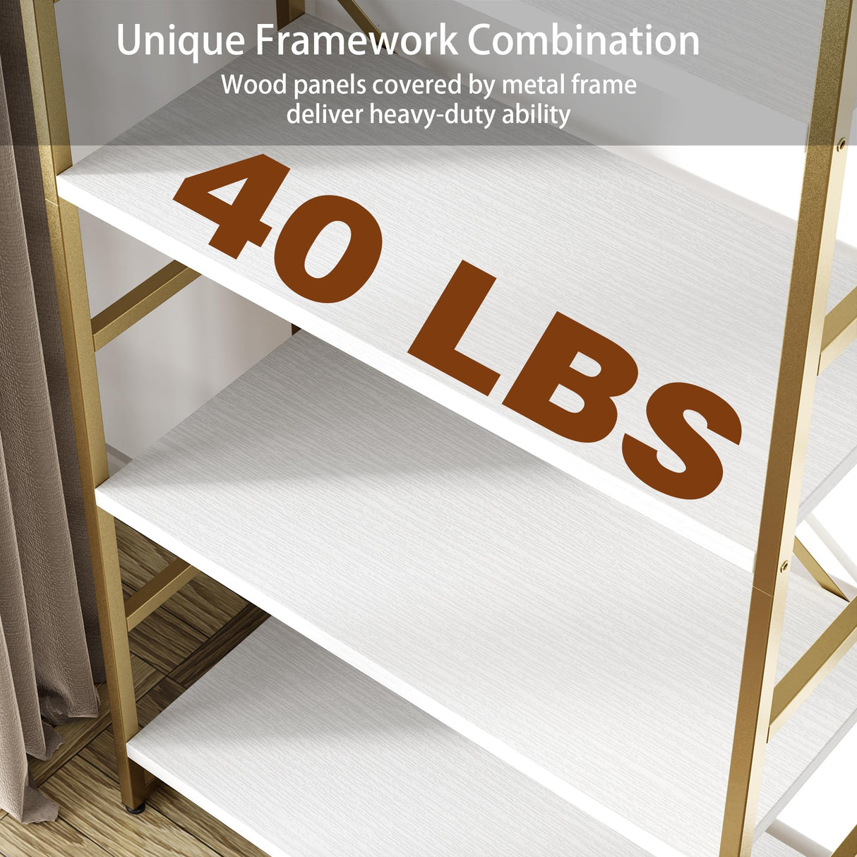 Shintenchi 5 Tiers Bookshelf, Classically Tall Bookcase Shelf,Industrial Book Rack,Modern Book Holder in Bedroom/Living Room/Home/Office, Storage Rack Shelves for Books/Movies,Gold Shintenchi