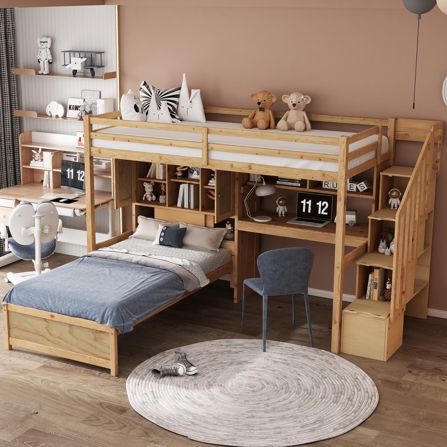 Harper & Bright Designs Twin Size Loft Bed with Built-in Desk and Staircase, Wood Twin Over Twin Bunk Bed with Storage Compartments and Shelves, L-Shaped Design, Natural