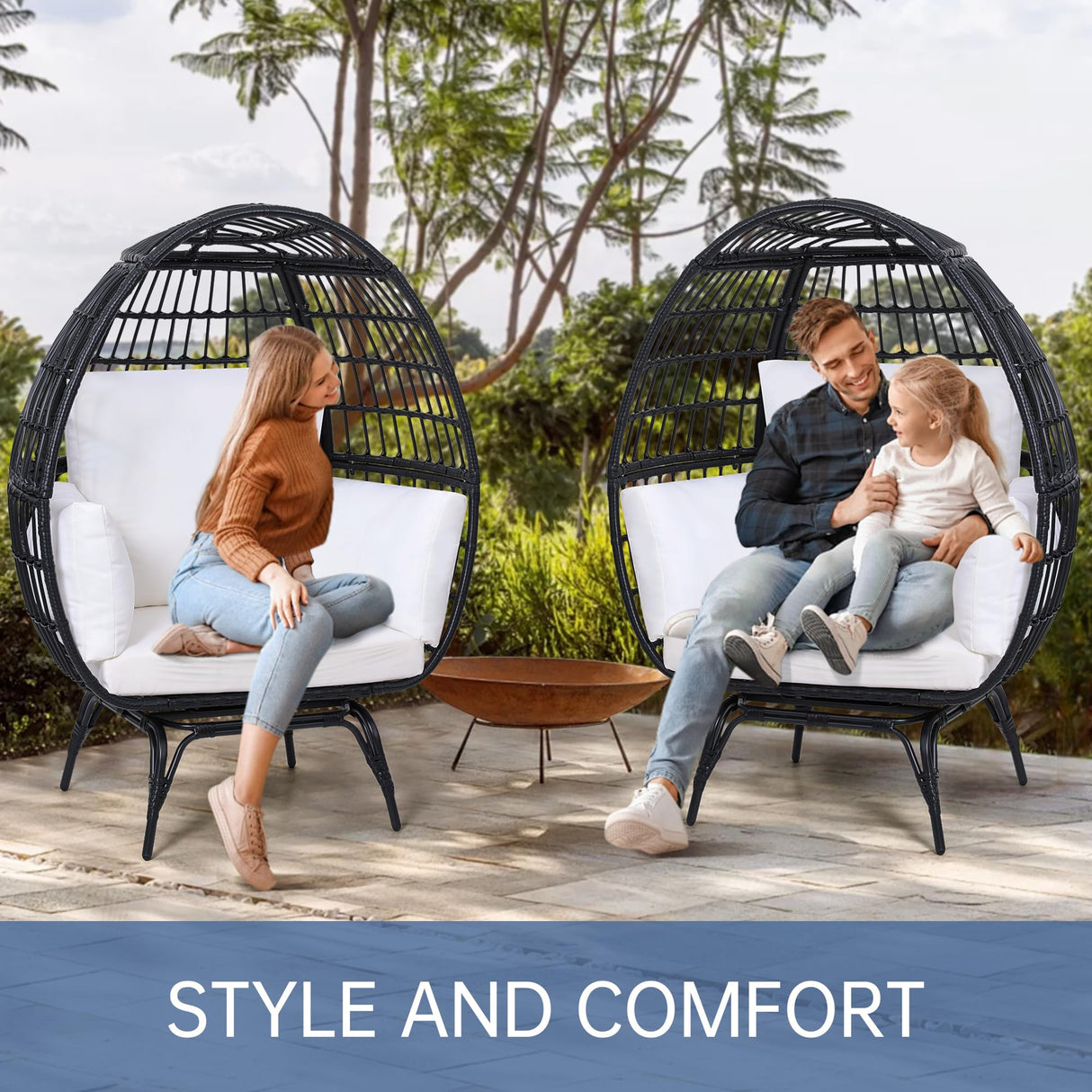 Murago Oversized 360 Swivel Rattan Egg Chair for Adult, Indoor Outdoor Patio Large Wicker Egg Chair with overstuffed Cushions, 440lb Weight Capacity, Black Rattan with Beige Cushion Murago