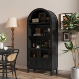 BOMETAO 70" Tall Arched Cabinet, 5-Tier Arch Bookshelf Bookcase with Open & Adjustable Shelves, Glass Door & Metal Handle, Pantry Display Storage Cabinets Cupboard for Kitchen, Living Room, Black BOMETAO