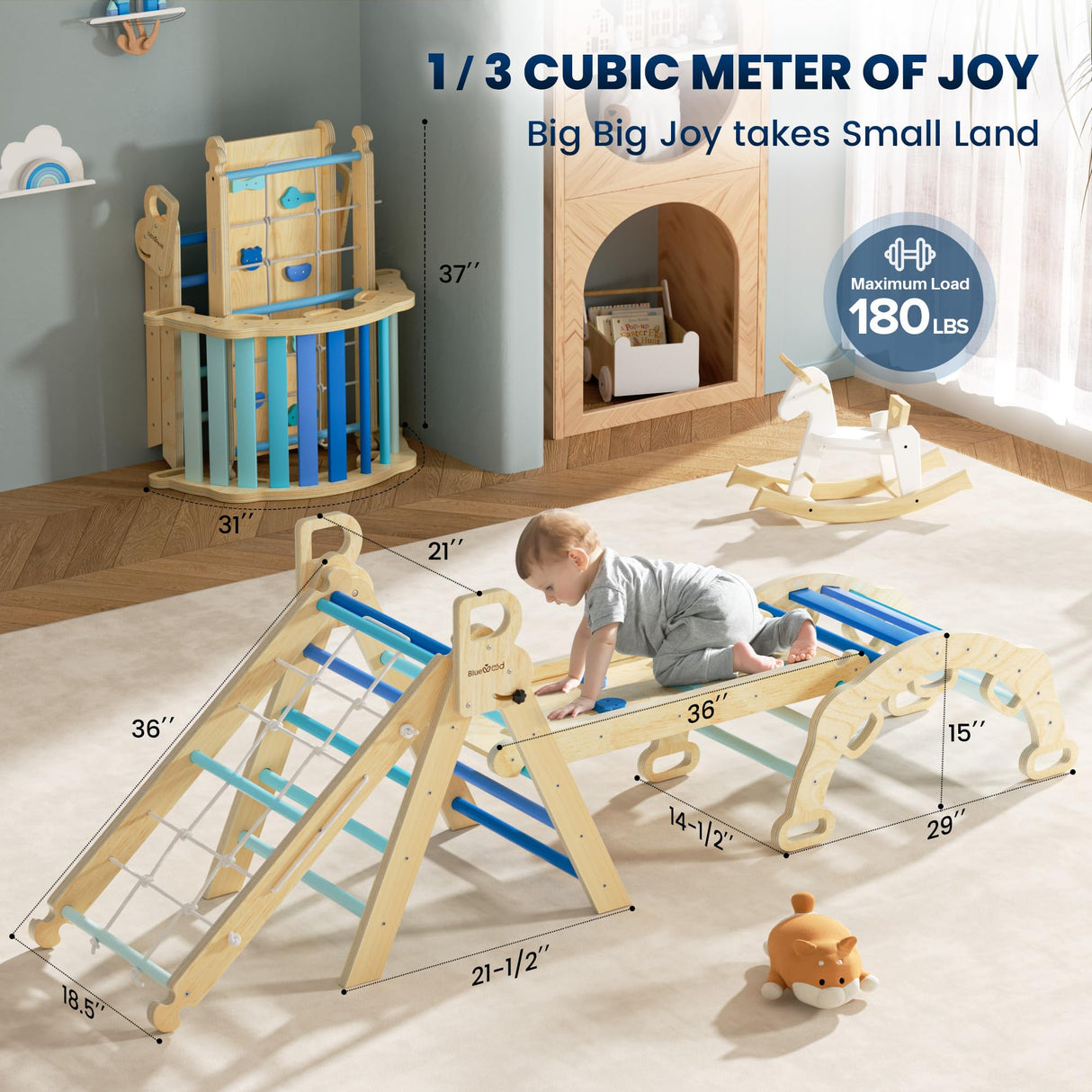 BlueWood 2024 8 in 1 Pikler Triangle Climbing Set Montessori Climbing Set Toddler Climbing Toys Indoor Baby Jungle Gym Pikler Climbing Toys Toddler Climber Indoor Playground for Kids - Sky Blue BlueWood