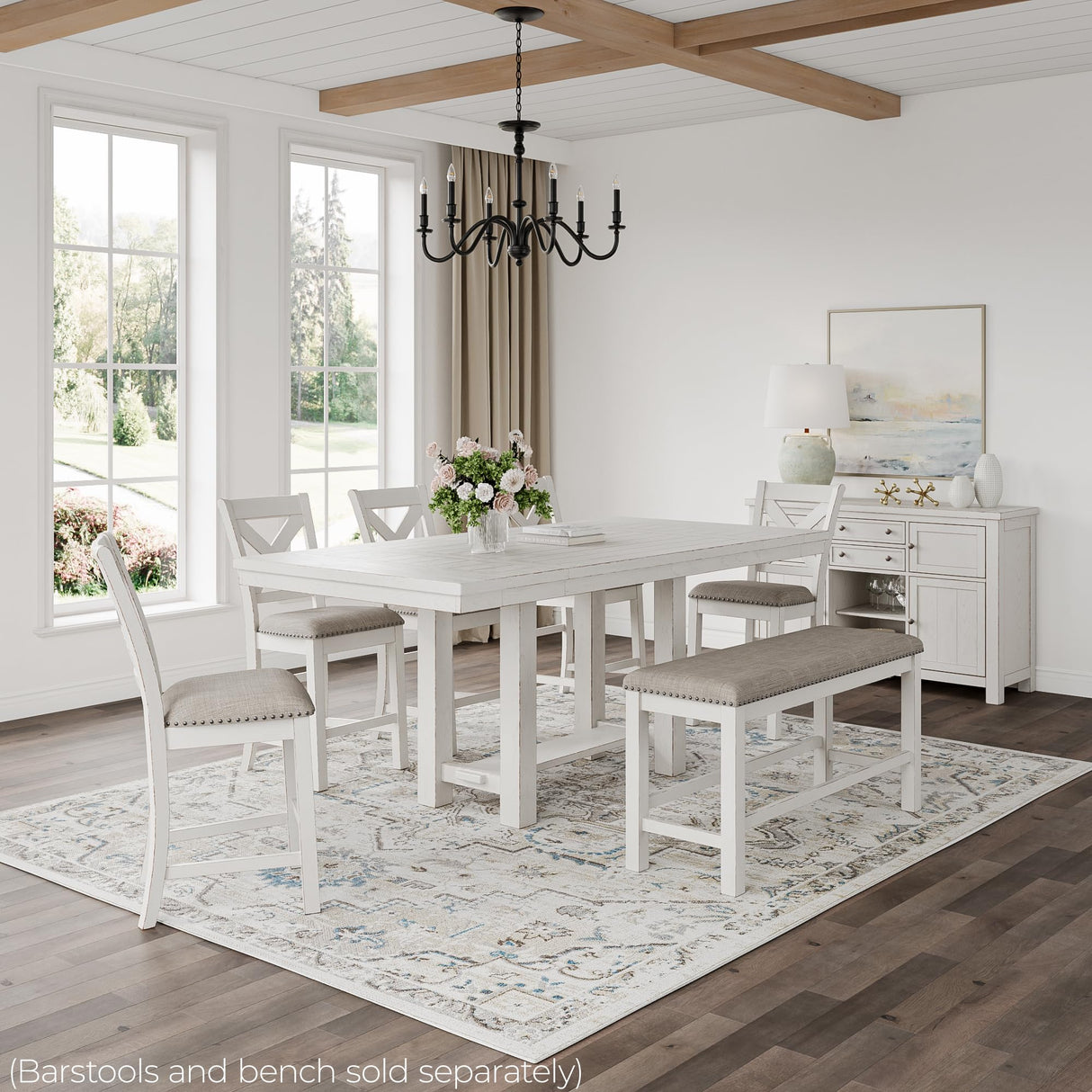 Signature Design by Ashley Robbinsdale Farmhouse Distressed Counter Height Dining Extension Table with Trestle Base, Planked Effect and 2 Removable End Leaves, White Signature Design by Ashley