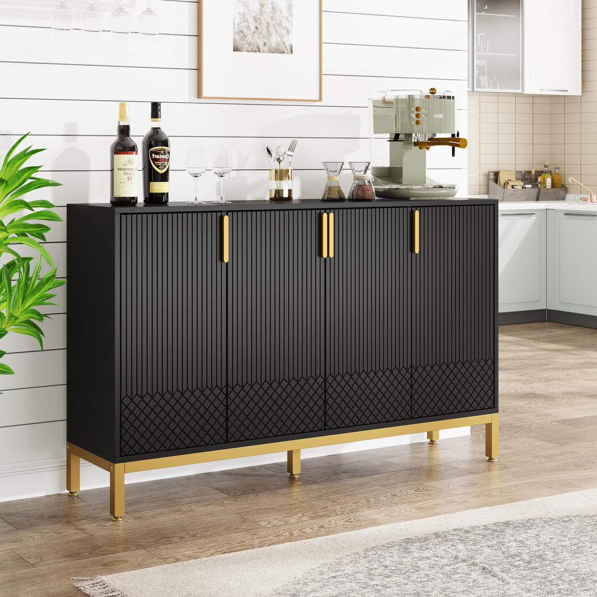 Tribesigns Luxury Buffet Cabinet with Storage, 59 Inch Kitchen Sideboard with 4 Doors, Coffee Bar Cabinet for Dining Room, Living Room, Black and Gold Tribesigns