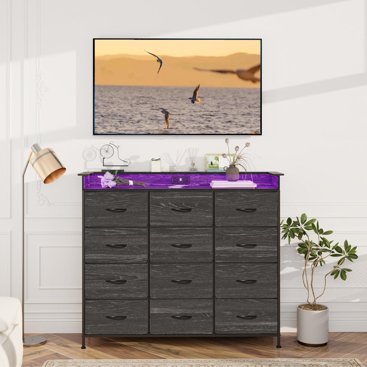 Welfuturer Black Dresser with LED Light 12 Drawers Dresser with Charging Station Dresser for Bedroom with 12 Fabric Drawers for Bedroom Hallway Entryway Closets Sturdy Steel Frame Wood Top Black Welfuturer