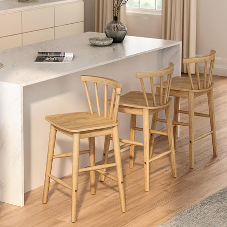 HoeuThien Wood Bar Stools Set of 3, 24" Wooden Counter Height Barstools, Modern Armless Farmhouse Bar Dining Chairs with Back & Footrest for Kitchen Island Pub Natural Oak HoeuThien