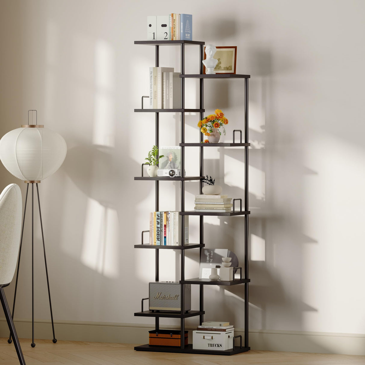 10 Tier Tree Bookshelf Tower Metal Spine Bookcase Industrial Bookshelves Tall Narrow Books Organizer Floor Standing Ladder Book shelf for Living Study Room Office Bedroom Corner Display black HBC506B IRCPEN