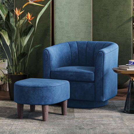 LINSY Swivel Accent Chair, Velvet Small Barrel Chair with Ottoman, 360 Degree Swivel Armchair for Living Room Bedroom Nursery Office, Blue LINSY
