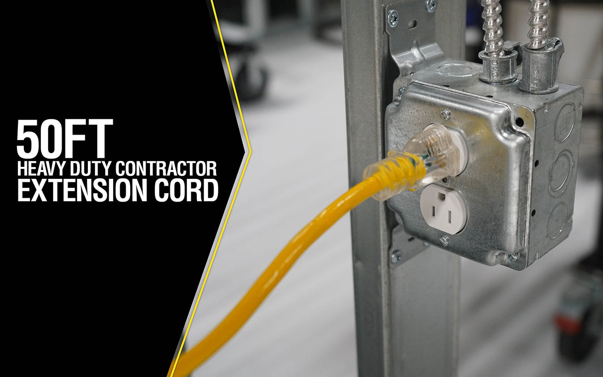 Yellow Jacket Medium Duty Extension Cord, 50Ft, 14 Gauge, 3 Conductor, Lighted End, Weather Resistant, SJTW, Yellow, 2887 Yellow Jacket