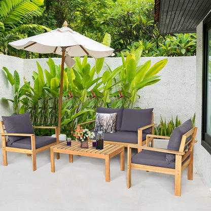 Tangkula Outdoor 4-Piece Acacia Wood Chat Set, 4 Seater Acacia Wood Conversation Sofa and Table Set with Waterproof Furniture Cover, Teak Finished (1, Grey) - WoodArtSupply