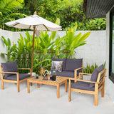 COSTWAY 4 Pieces Outdoor Acacia Wood Sofa Set, Outdoor Conversation Sofa Set with Table & Cushions Porch Chairs for Garden, Patio, Deck COSTWAY