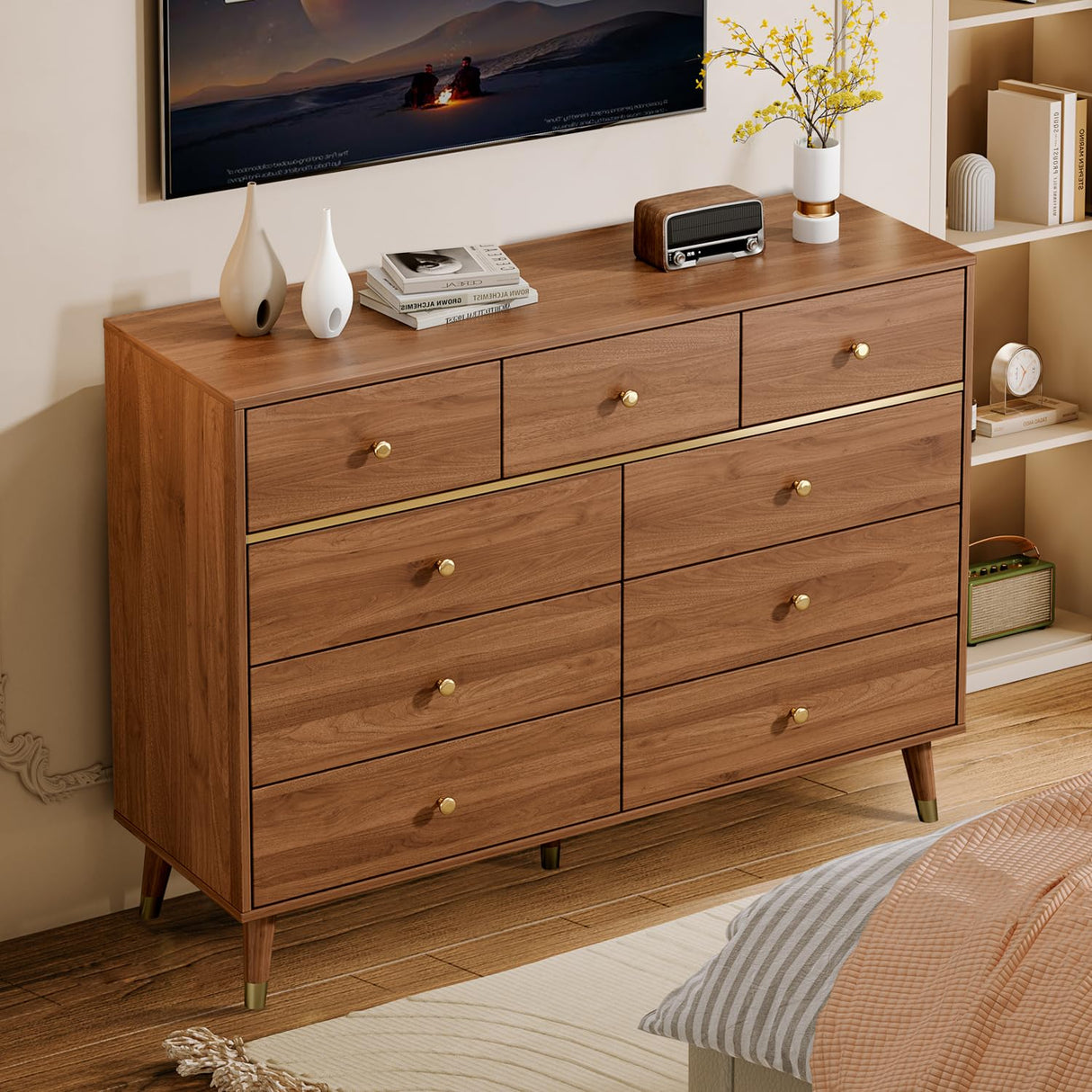 Chrangmay 9 Drawers Dresser for Bedroom,35.4" Tall Wood Rustic Modern Chest of Drawers with Natural Texture,with Anti-Tipping Device, Storage Dressers Organizer for Bedroom, Living Room,Chestnut Chrangmay
