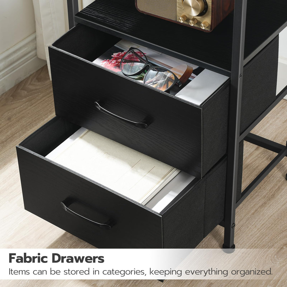 HOOBRO Nightstand with Charging Station, Bedside Table with LED Lights and 2 Fabric Drawers, End Table with Outlets and USB Ports, Small Night Stand for Bedroom, Black BB118UDBZ01 HOOBRO