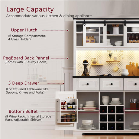 Amposei Farmhouse Kitchen Pantry Storage Cabinet 71-Inch Tall Hutch Cabinet with Microwave Stand, 3 Drawers, Power Outlet, Pegboard, Wine Racks, LED Light Rustic Coffee Bar Station, White Oak Amposei