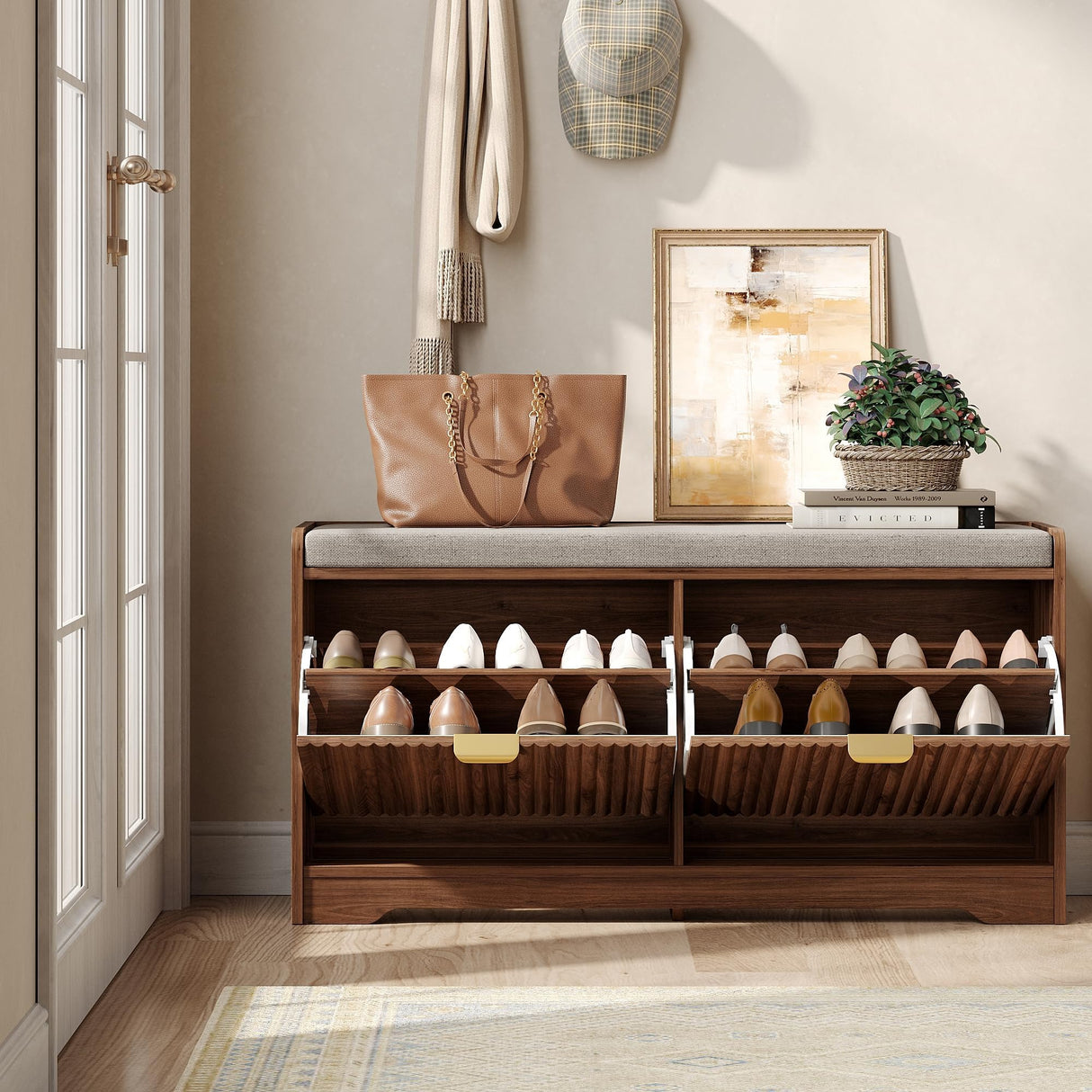 Maupvit Fluted Shoe Bench with Storage, Narrow Wooden Entryway Bench with Removable Cushion & 2 Flip-Drawers, Shoe Cabinet Bench, Farmhouse Boho Shoe Rack for Entrance, Hallway, Living Room (Walnut) Maupvit