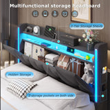 BYSAUD Queen Bed Frame with Storage Headboard & Hidden Storage, Upholstered Bed Frame Queen Size with LED Lights, with Charging Station, No Noise, No Box Spring Needed, Gray, Linen Cloth BYSAUD