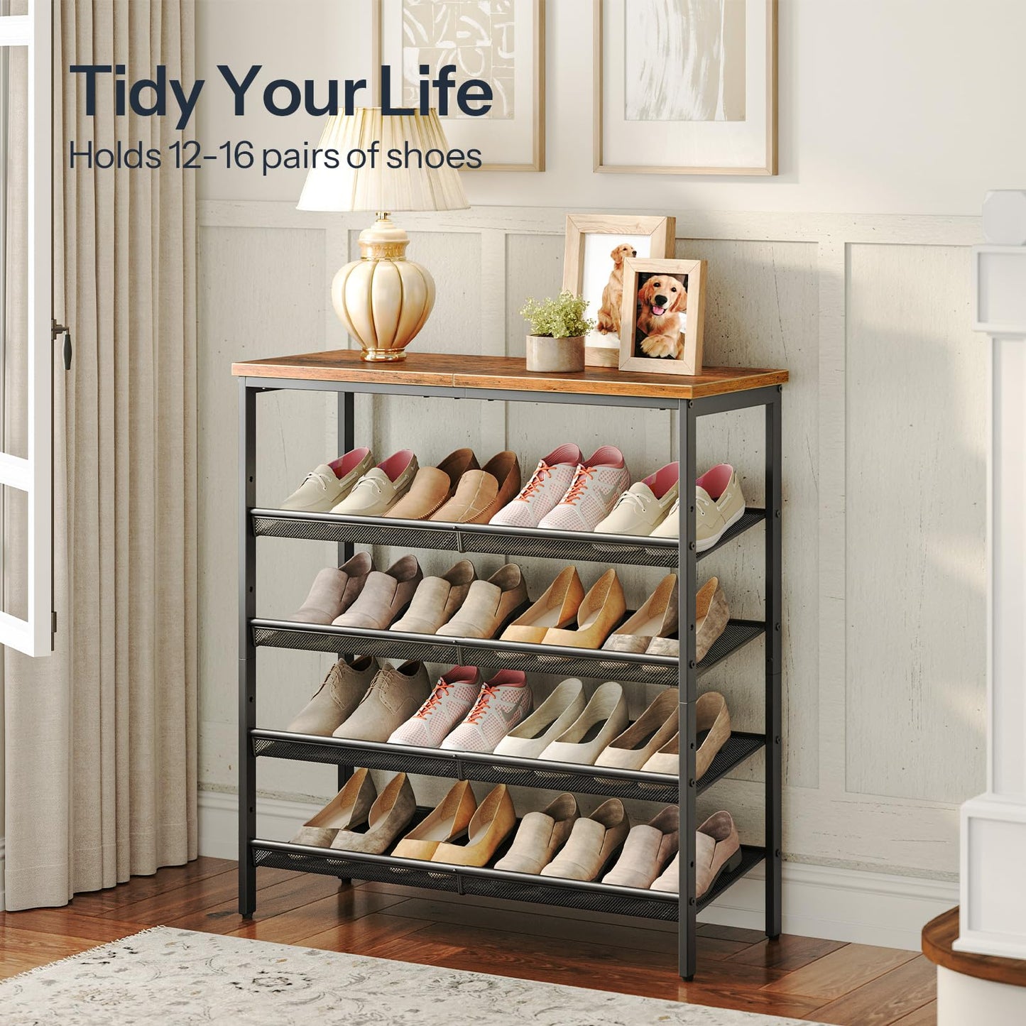 HOOBRO Shoe Rack for Entryway, 5-Tier Shoe Organizer with Adjustable Mesh Shelves, 16-20 Pairs of Shoes, Spacious Freestanding, Metal, Industrial, Shoe Shelf for Closet, Rustic Brown BF12XJ01 - WoodArtSupply