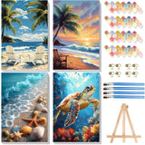 4 Pack Paint by Numbers for Adults with Framed Canvas - with Wooden Easel, Beach Paint by Number on Canvas, DIY Sea Turtle Acrylic Oil Painting Kits with Brushes for Home Wall Decor (8x12 inch) xackcme