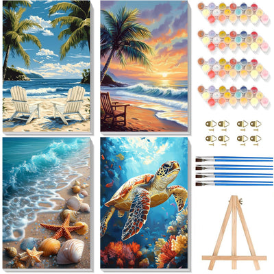 4 Pack Paint by Numbers for Adults with Framed Canvas - with Wooden Easel, Beach Paint by Number on Canvas, DIY Sea Turtle Acrylic Oil Painting Kits with Brushes for Home Wall Decor (8x12 inch)