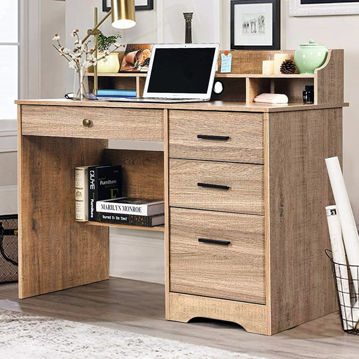 Computer Desk with 4 Drawers and Storage, Small Office Desk with File Drawers and Hutch, Farmhouse Wood Writing Student Table for Home Office, Bedroom, Wooden Grey HOMBCK